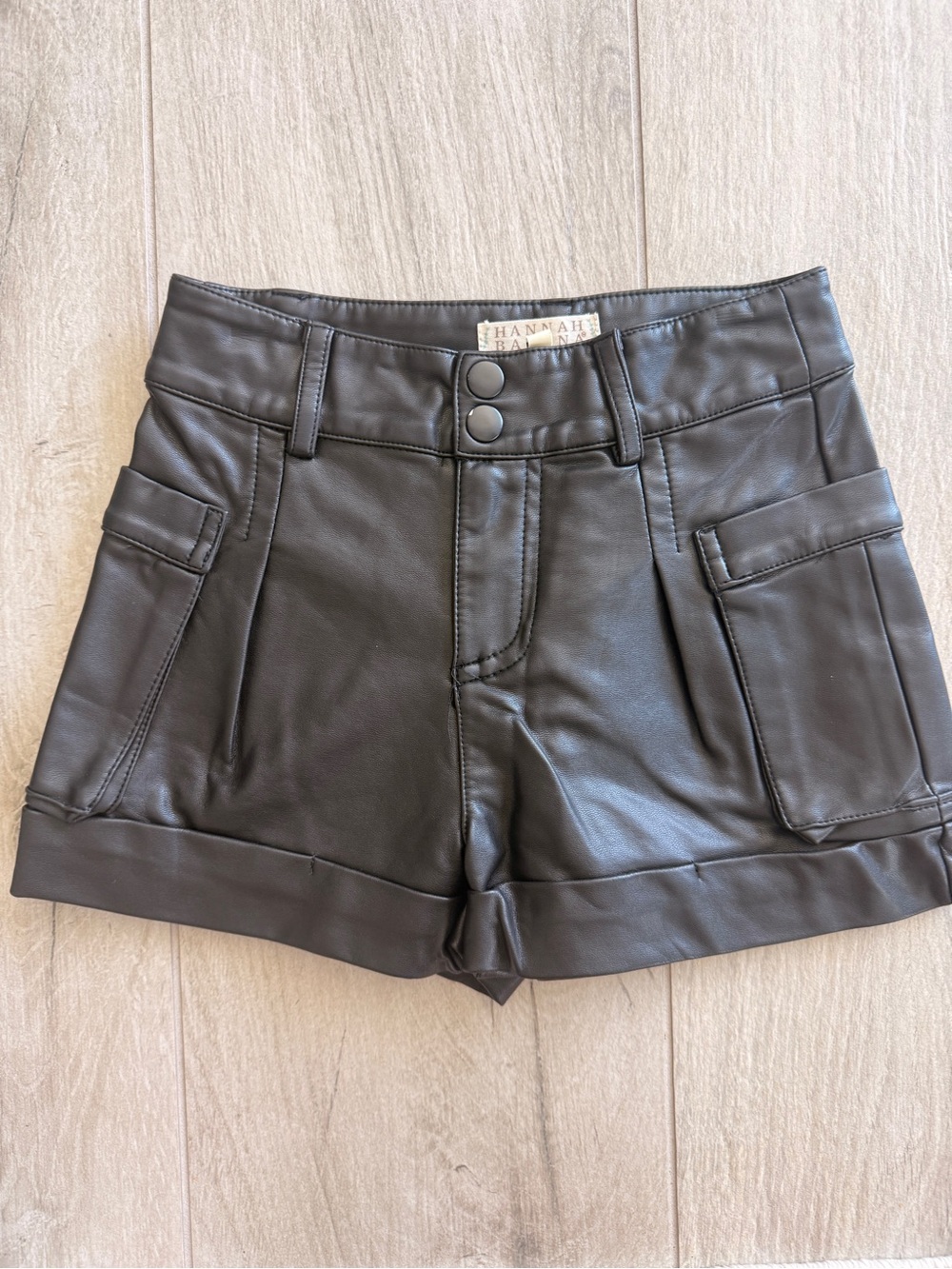 Hannah Banana Black Faux Leather Cargo Shorts